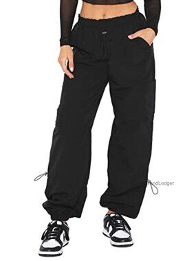 Womens Cargo Pants Baggy Parachute Pants Y2K Utility Non-Stretch Nylon
